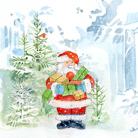 Christmas card design of santa carrying gifts for art licensing