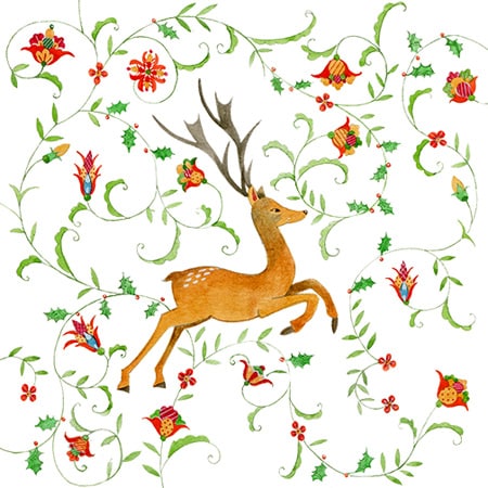 Christmas card design of santa and a leaping dear surrounded by a foliage and flower pattern for art licensing