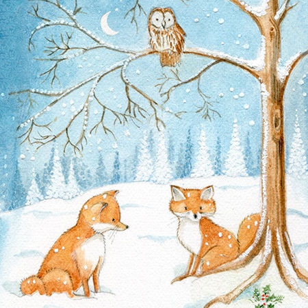 Christmas card design of two cute foxes in a snowy woodland for art licensing