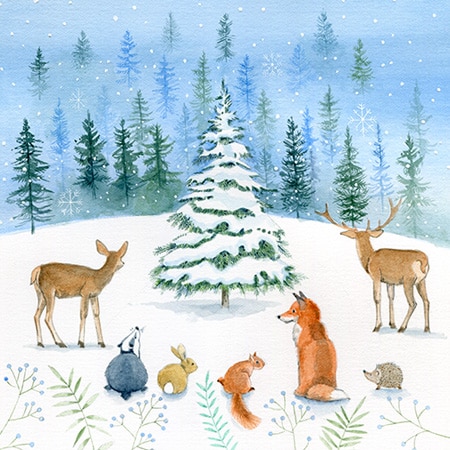Christmas card design of woodland animals looking at a snow covered pine tree tree in a snowy woodland for art licensing
