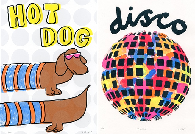 Becky hobden screen prints hot dog and disco for art licensing agency