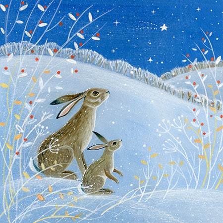 Christmas holiday greeting card design of two heares in snbow watching a shooting star