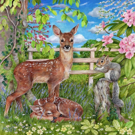 Easter spring design of fawns and a squirrel surrounded by spring flowers for art licensing