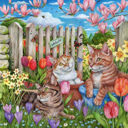 Easter spring design of cats in grass surrounded by spring flowers including tulips and magnolia for art licensing