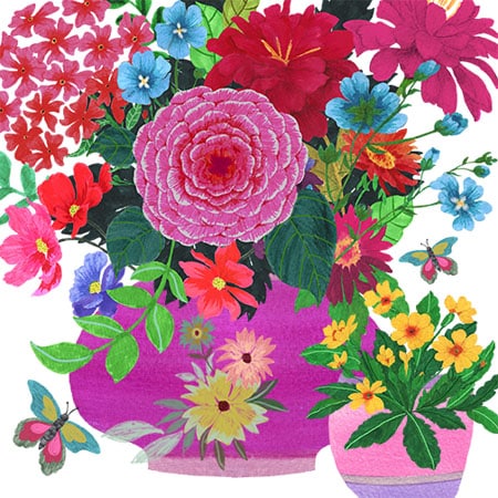 Illustration of colourful flowers in two pink vases
