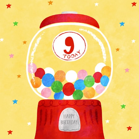 Birthday card illustration of a colourful gumball machine with '9 today' for art licensing