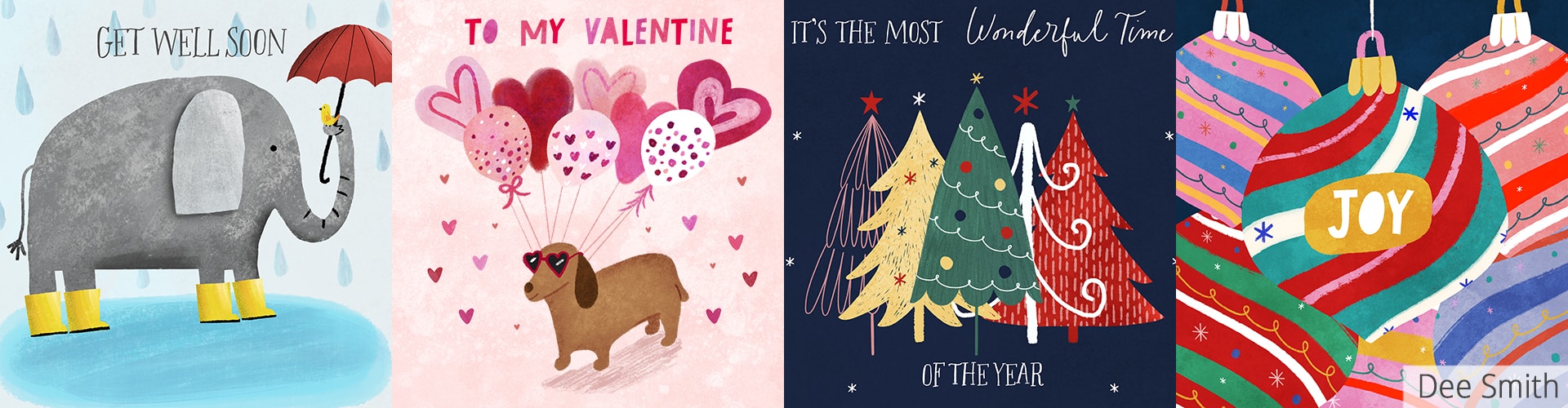Various greeting card designs by Dee Smith illustrator for art licensing