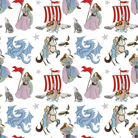 Repeat pattern design of a viking girl with sword and on a horse, longships and dragons for art licensing