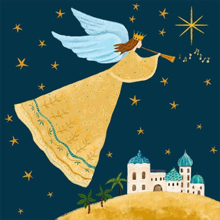 Christmas holday illustration of an angel inthe night sky blowing a trumpet over bethlehem