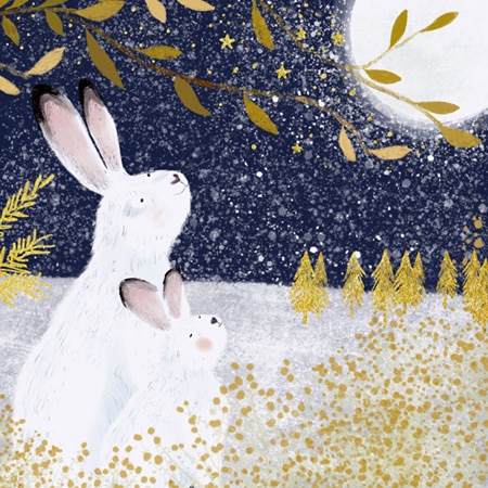 Christmas holiday greeting card illustration of two rabbits looking at the moon for art licensing