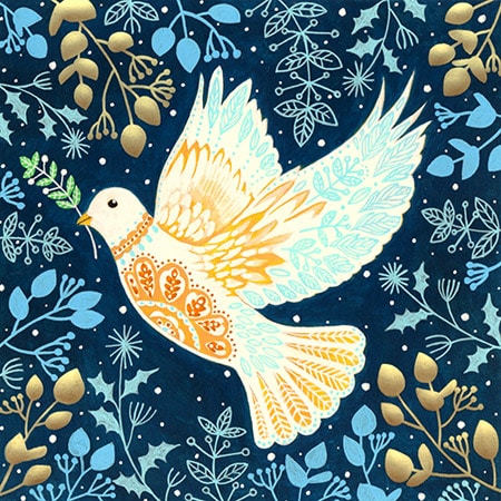 Christmas holiday greeting card design of a decorative dove on blue with filigree and leaf pattern for art licensing