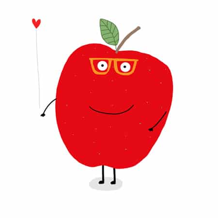 Illustration of a fun apple fruit character holding a heart for art licensing