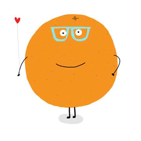 Illustration of a fun orange fruit character holding a heart for art licensing