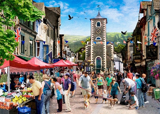 Jigsaw puzzle image of keswick town centre with church, market stalls and people for art licensing
