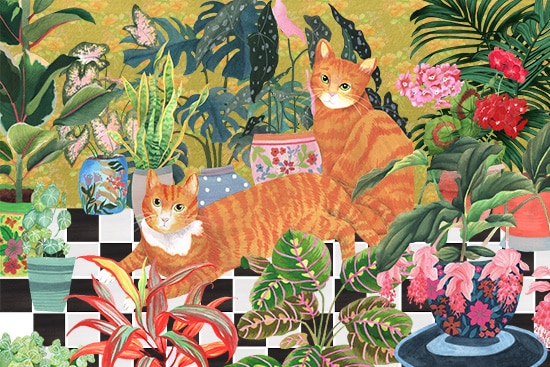 Illustration of 2 ginger cats indoors surrounded by lot of plants in pots for art licensing