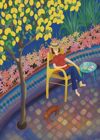 Greeting card illustration of a woman asleep in a chair in a garden under a lemon tree for art licensing
