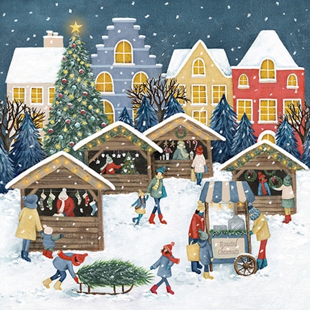 Christmas holiday illustration of a market in the snow with people at the stalls and houses behind for art licensing