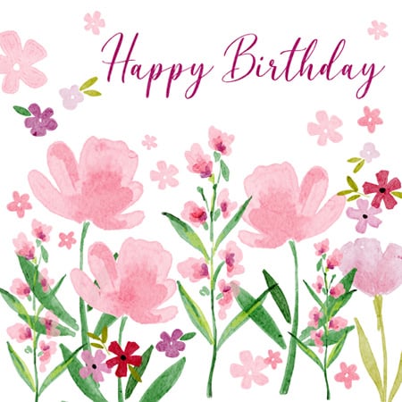 Birthday greeting card illustration of delicate red and pink flowers for art licensing