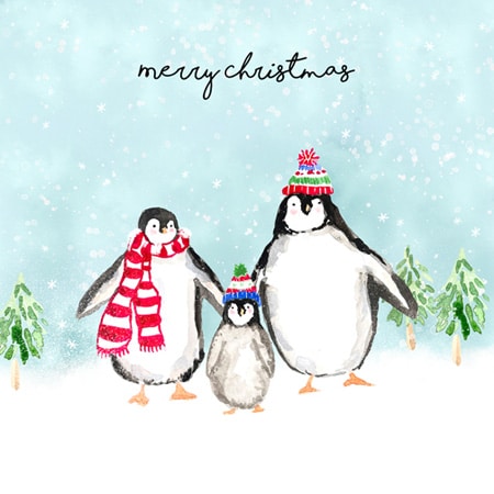Christmas holiday greeting card illustration of a cute penguin family with hats and scarves on for art licenisng