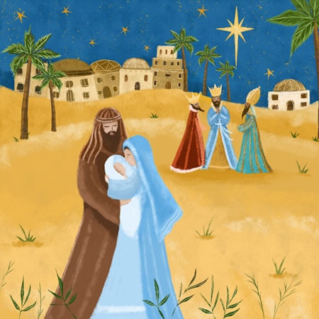Christmas holiday greeting card illustration of mary and joseph and the three kings for art licensing