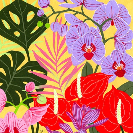 Illustration of bright colourful tropical flowers and leaves on a yellow background for art licensing