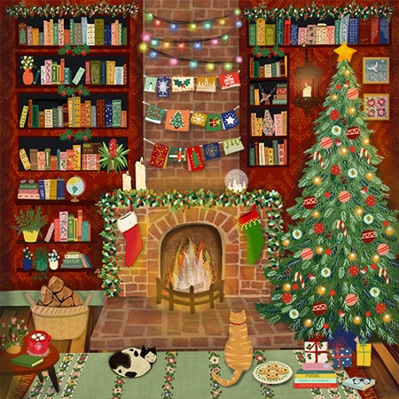 Christmas holiday cosy interior scene with an open fire, christmas tree, cats and books on shelves for art licensing