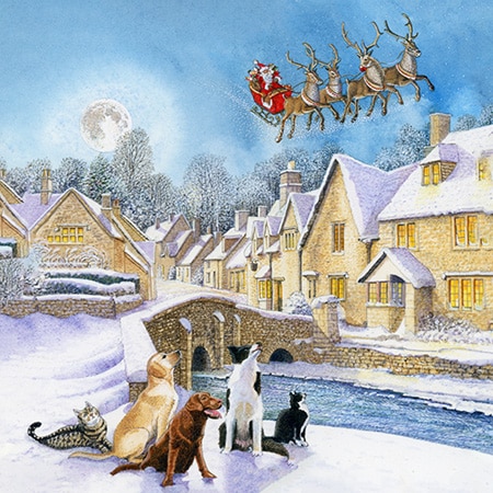 Christmas holiday greeting card illustration of dogs and cats watching santa and his reindeers flying over a snowy village for art licensing