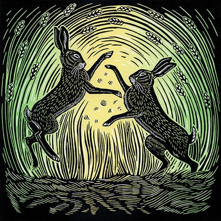 Lino print of two hares boxing surrounded by wheat for art licensing