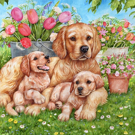 Painting of a labrador mother with two puppies in a spring setting with tulips for art licensing