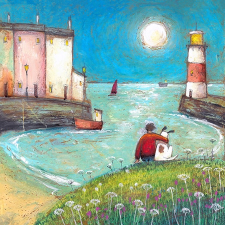 'precious moments', a painting of a harbour scene with lighthouse and boats on the water at night. A person with their back to us is sat on a grassy bank cuddling a dog