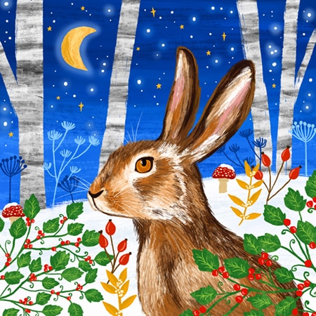 Christmas holiday illustration of a woodland hare at night with a crescent moon through the trees for art licensing