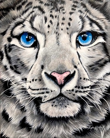 Photo realist painting in acrylics of a leopard's face with blue eyes very close up for art licensing