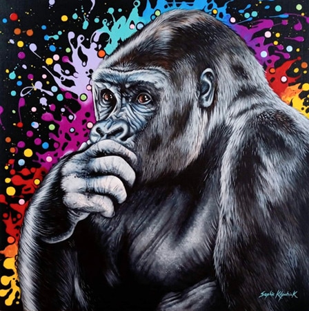 Colourful wildlife painting in acrylics of a silverback gorilla with it's hand on it's chin like it is thinking against a black background with bright vibrant splatters of paint for art licensing