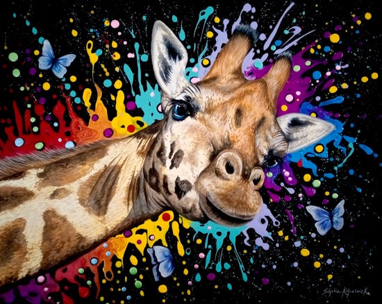 Colourful wildlife painting in acrylics of a giraffe on a black background with bright vibrant splatters of paint for art licensing