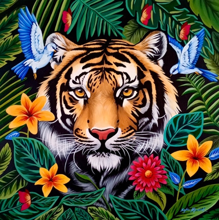 Wildlife painting in acrylics of a tiger's head in the forest surrounded by leaves, flowers and birds for art licensing