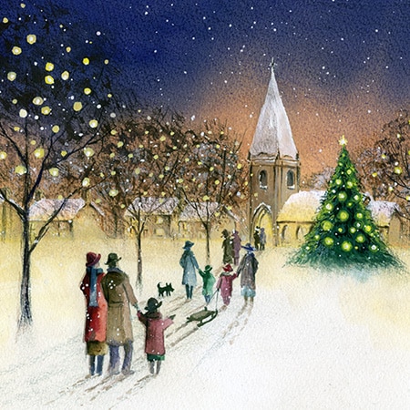Christmas holiday painting of people going to church at night in the snow for art licensing