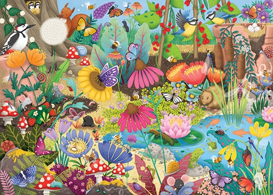 Jigsaw puzzle illustration by emma allen featuring the wonderful world of garden animals and plants seen from ground level. For art licensing.
