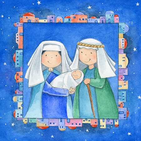 Festive christmas card image featuring a children's nativity of mary, joseph & jesus for art licensing.