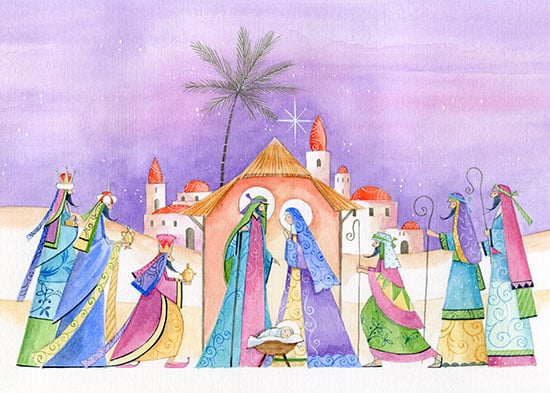 Colourful clothing adorns people in a watercolour nativity scene christmas card illustration for art licensing.