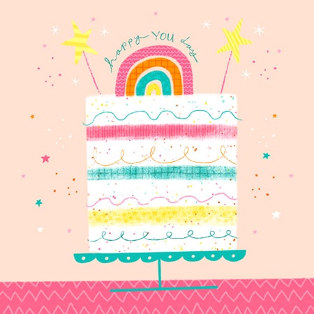 Vibrant birthday card featuring a colourful cake and rainbow design, suitable for art licensing.