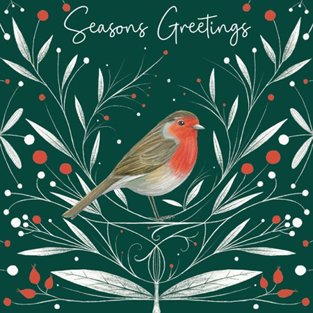 Christmas greeting card illustration of a robin with white foliage on a green background in a folk style. For art licensing.
