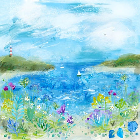 Beach scene with sailboats and flowers in watercolour style, for art licensing.