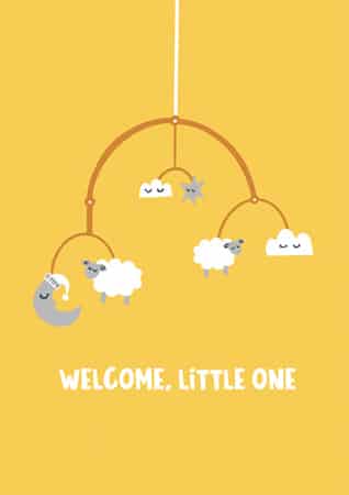 Baby shower card with cute sheep and fluffy clouds hanging from a mobile. Perfect for celebrating a new arrival!
