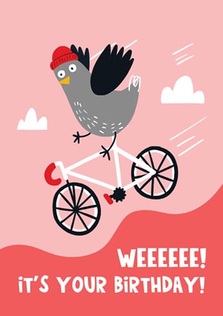 Art licensing illustration of a bird on a bike, on a birthday card with the words "weeee! It's your birthday" - humorous design.