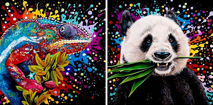 Sophie bliss kilpatrick artist art licensing animal splatter paintings - image by design art licensing agency'splatter' paintings by Sophie Bliss Kilpatrick featuring an chameleon and panda for art licensing.