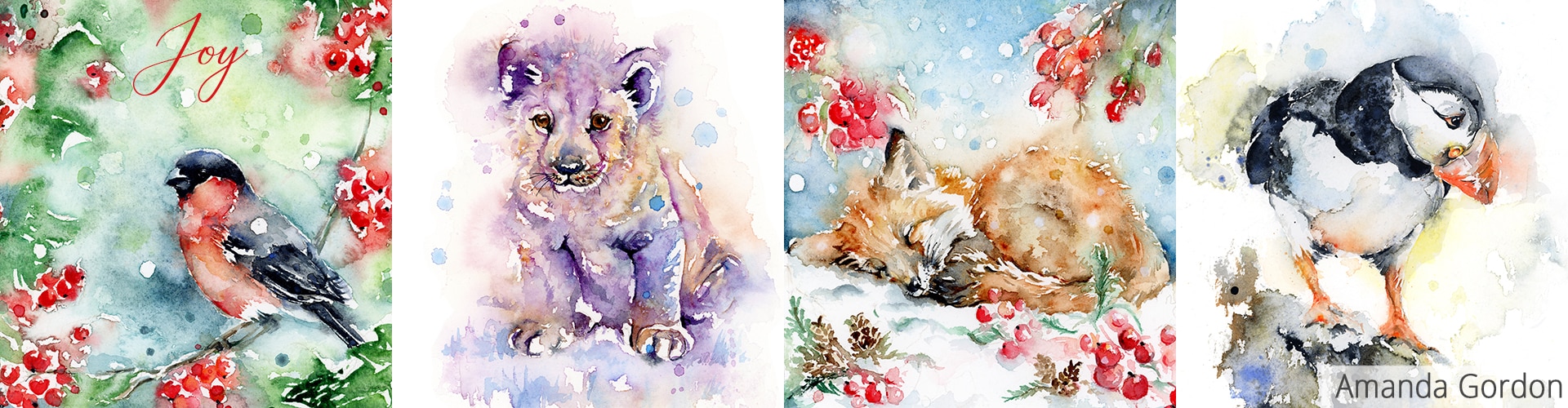 Amanda Gordon wildlife watercolour artist various everyday and Christmas painting for art licensing.