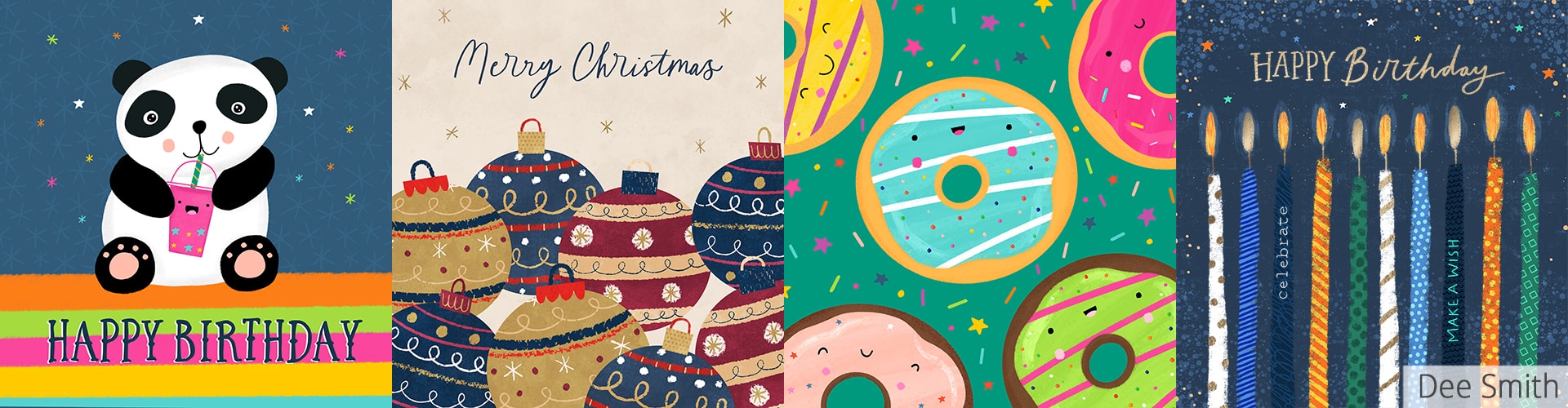 Various everyday and Christmas greeting card designs by Dee Smith illustrator for art licensing