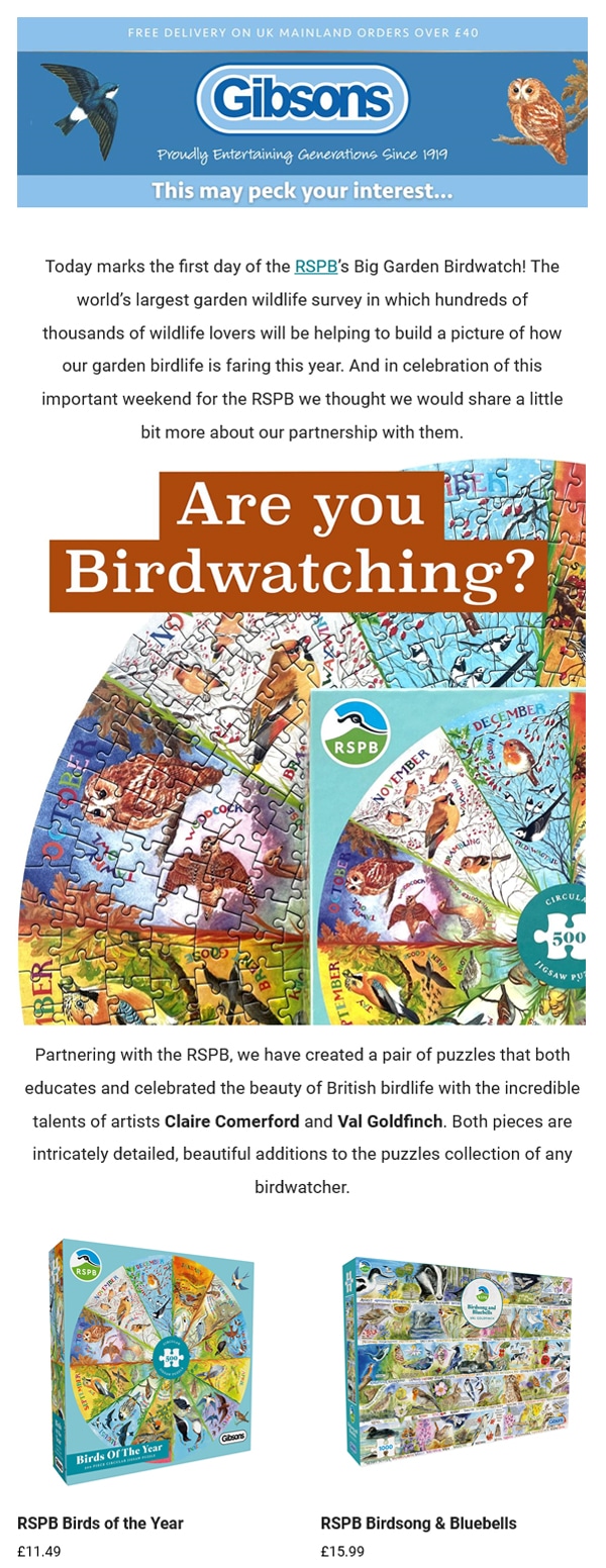 Gibsons rspb birdwatching newsletter featuring val goldfinch and claire comerford's  licensed jigsaw puzzle designs.